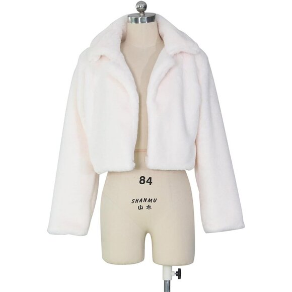 Women's Fluffy Faux Fur Outerwear Lapel Open Front Cropped Coats - Picture 3 of 5